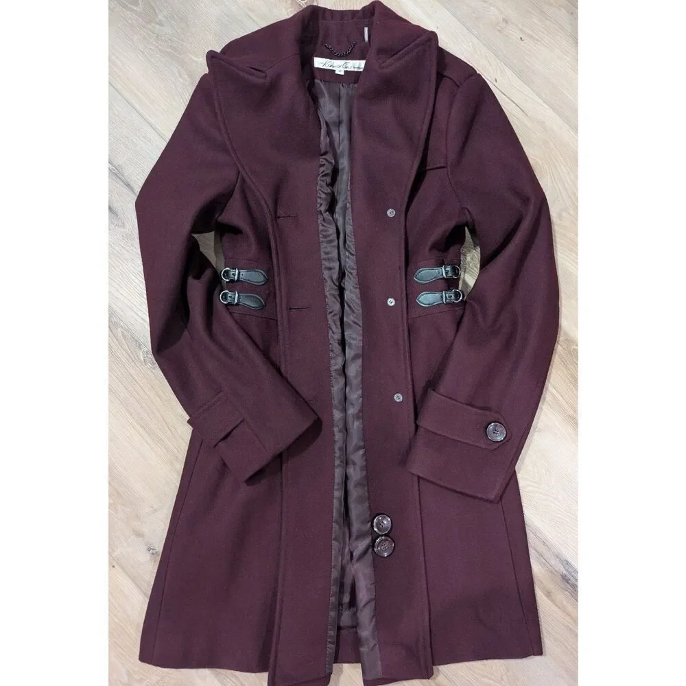 Kenneth Cole Women’s 10 Long Wool Dress Coat A-Line Fit & Flare Buckle Detail Me